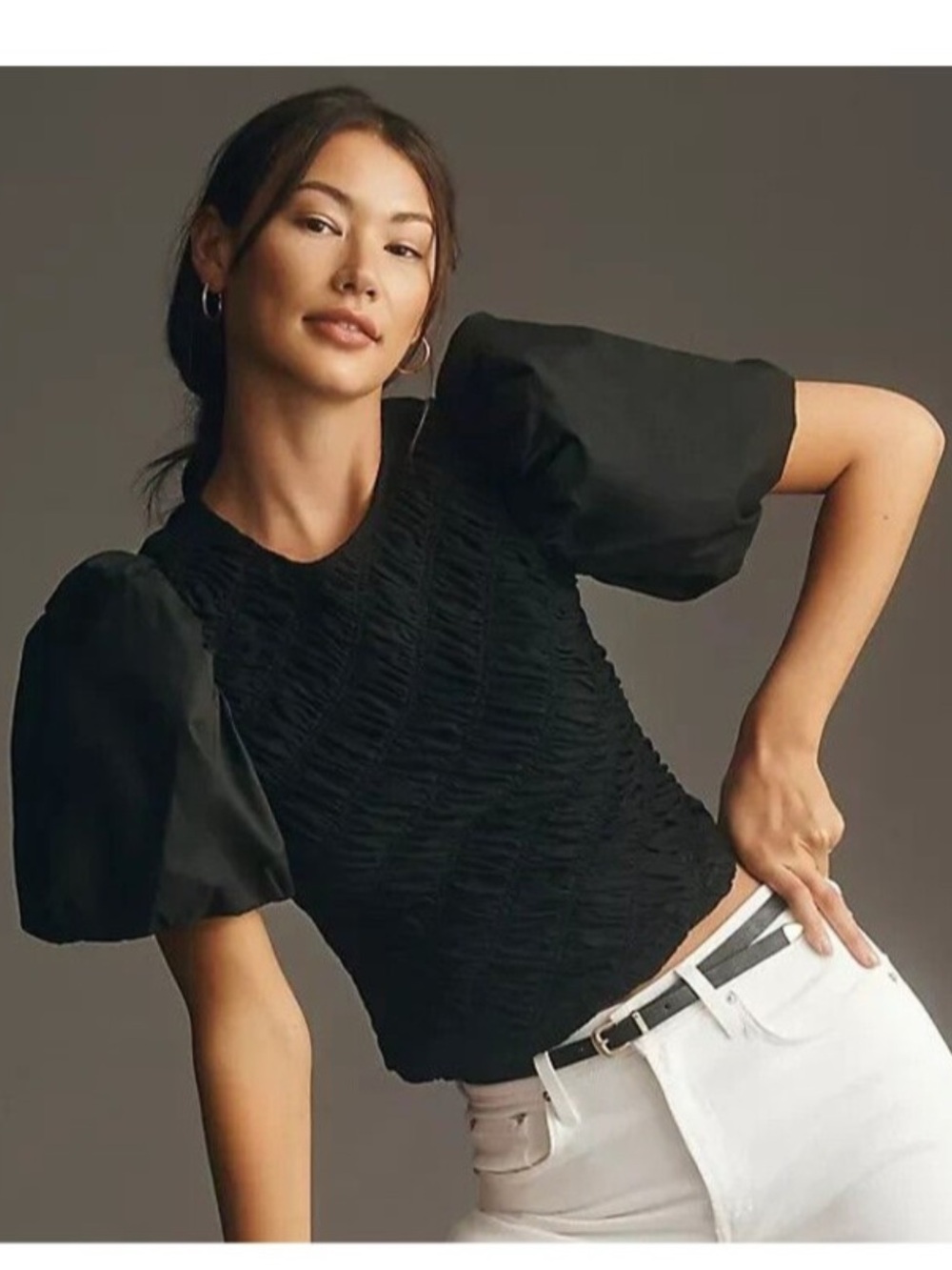 English Factory Mixed Media Smocked Puff Sleeve Top